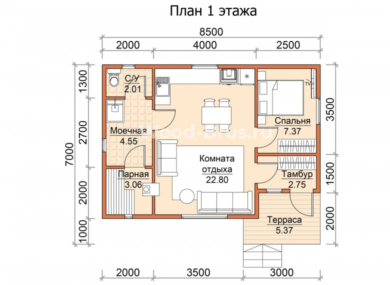 Баня из бруса 6х8.5 Аврора - фото 6