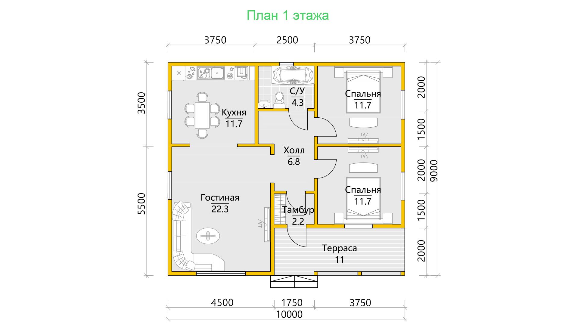 Одноэтажный дом из бруса 9х10 Аксом с террасой и отделкой под ключ: фото,  цена, описание