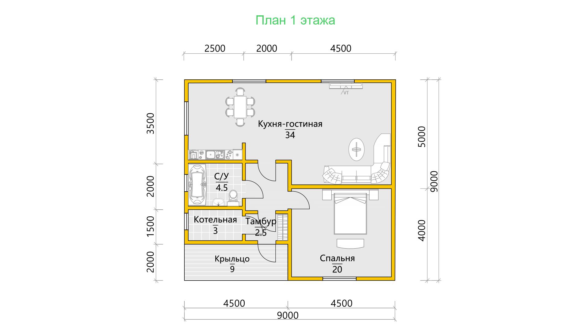 Одноэтажный дом из бруса 9х9 Винсент и террасой, отделка под ключ: фото,  цена, описание, планировка