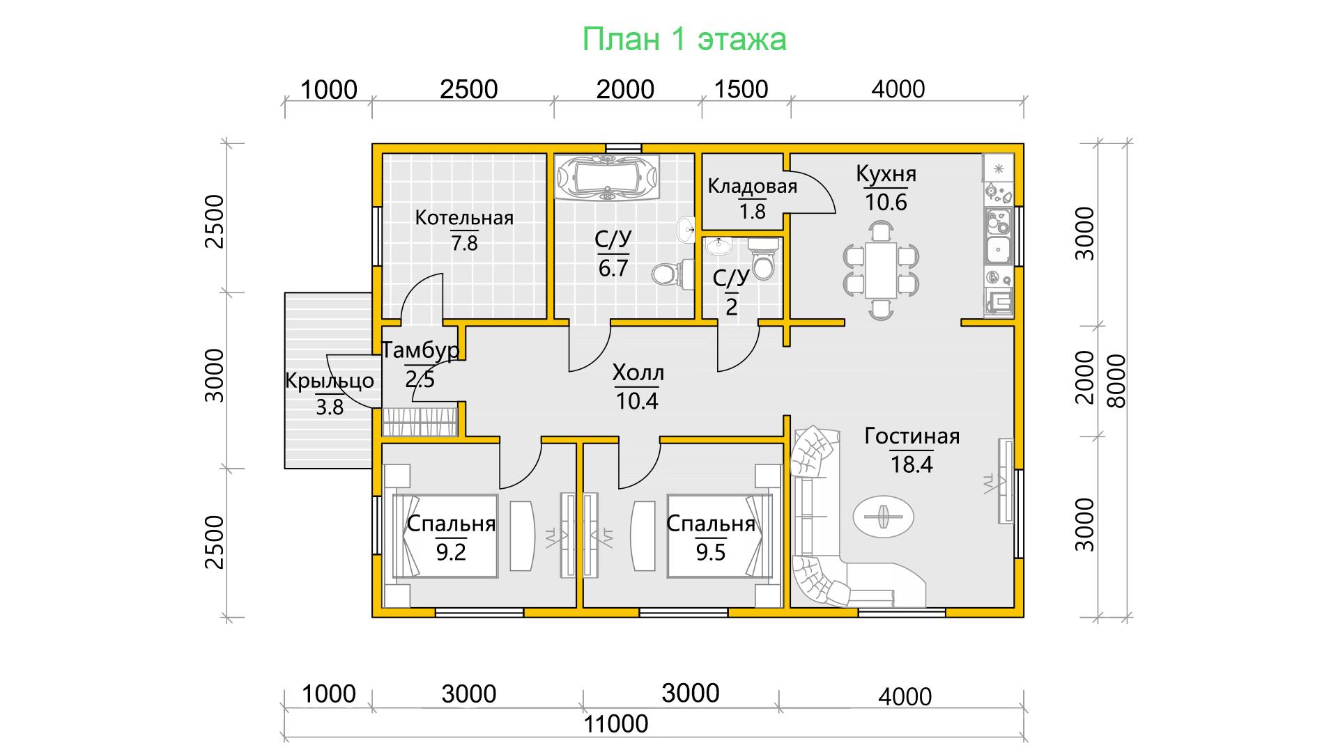 Дом из бруса 8х10 Лейв с террасой, отделка под ключ: фото, цена, описание,  планировка