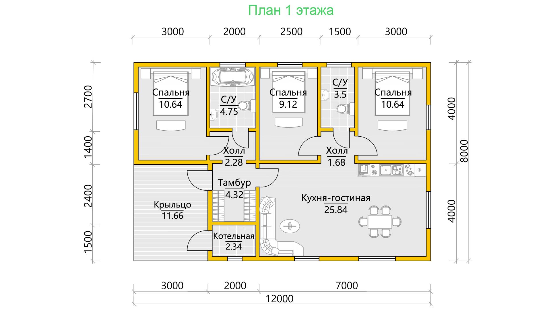 Одноэтажный дом из бруса 8х12 Рауд с террасой, под ключ: фото, цена,  описание, планировка