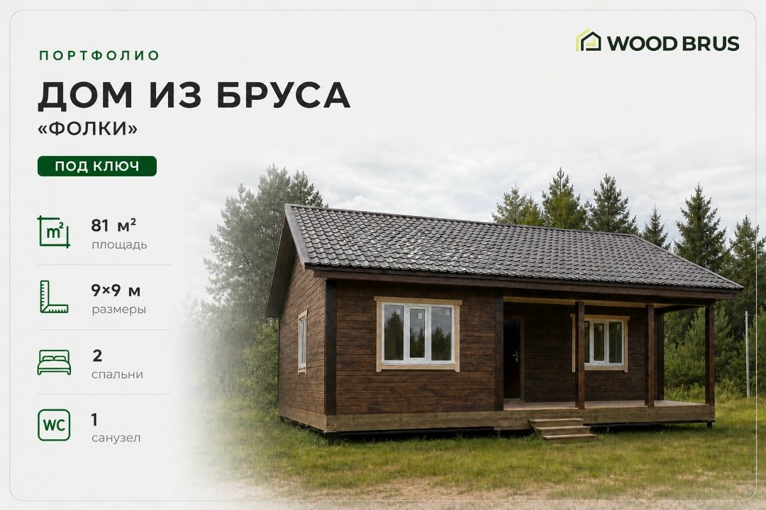 🏠 Делимся фотографиями построенного дома из бруса по проекту «Фолки». Размеры: 9х9 м, общая площадь: 81 м². Строили в Мо